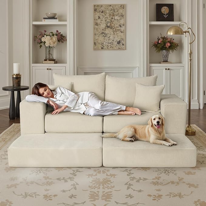 Modular Sectional Sofa with Convertible Sleeper Chenille Fabric 2-in-1 Couch Bed with Reversible Chaise Adjustable Modular Sofas for Living Room Beige