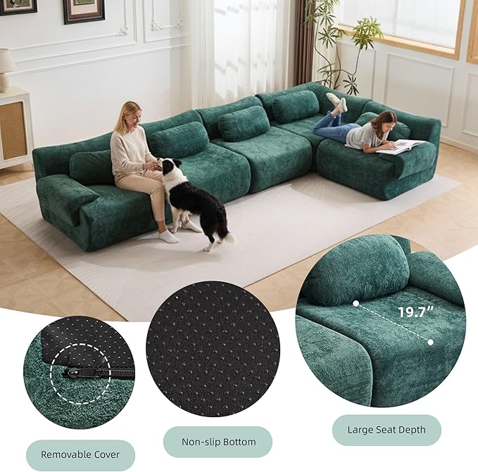 148.2 Boneless Couches for Living Room Set Cloud Modular Sectional Sofa in a Box Memory Foam Modern Couch Big Comfy Compressed Sofas L Shaped Couch with Corner Bedroom Apartment Dark Green