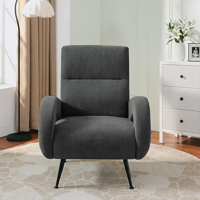 Modern Accent Chair Reading Chair with Corduroy Fabric Upholstered and Hight Backrest Single Sofa Chairs for Living Room Apartment Bedroom and Small Spaces. (Grey)