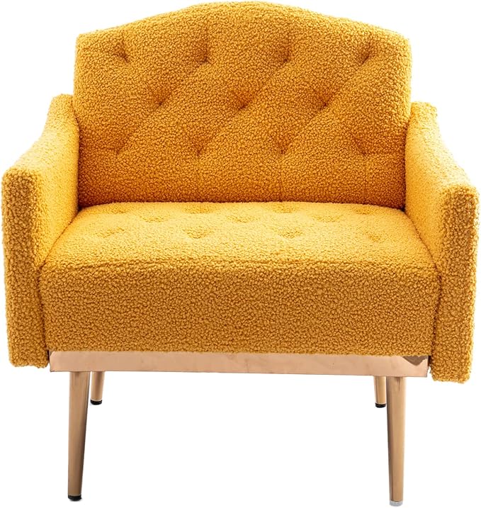 Modern Teddy Fabric Accent ChairUpholstered Button-Tufted Single SofaComfy Armchair Chair with Rose Golden Legsfor Living Room Bedroom Home Office (Mustard)