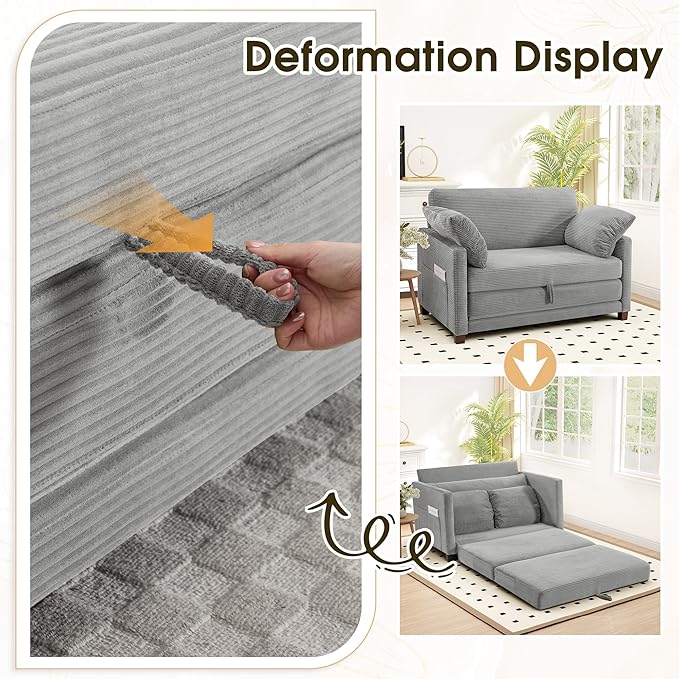 51 Convertible Loveseat Sofa Bed 2-in-1 Folding Sofa Bed with 2 Pillow for Small Spaces Modern Loveseat Sleeper Couch for Apartment Living Room &amp Guest Room (Light Grey Corduroy 51 inch)