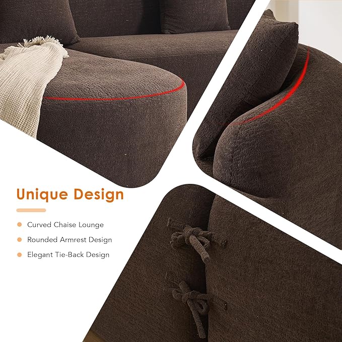 Oversized Sectional Sofa with Chaise with 4 Throw Pillows 99 Modern Luxury Chenille 4-Seater Sofa Extra Wide Seat L-Shape Curved Cloud Couch for Living Room Antique Brown