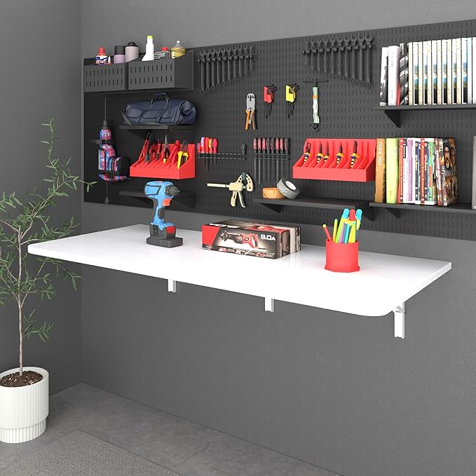 IAE 48 x 22 Floating Foldable DeskWall-Mounted Folding Computer Table with Engineered WoodStudy Table with Shelf BracketsFold Down ShelfFold Computer Desk for Small SpacesHolds 500 lbWhite
