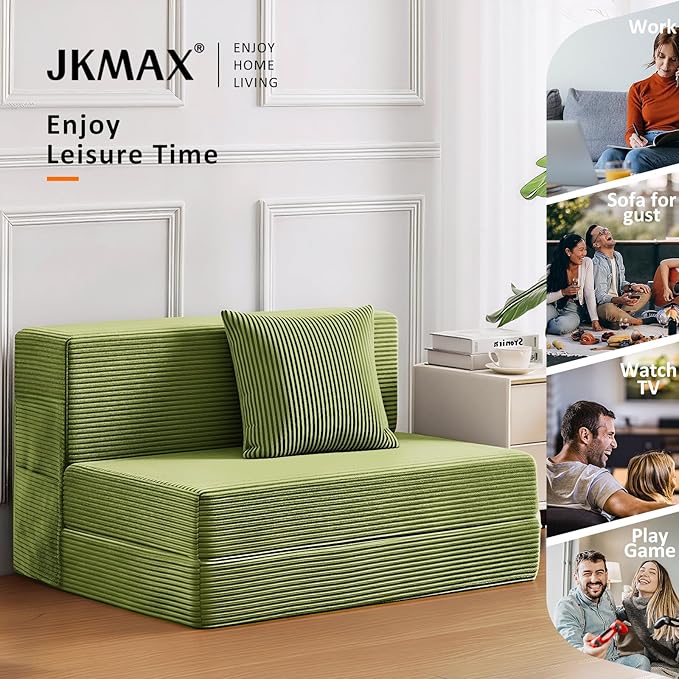 Single Size Folding Sofa Bed - 4 in 1 Convertible Sleeper Chair - High Density Memory Foam Futon Couch - Foldable Bed for Living Room Bedroom (Green)
