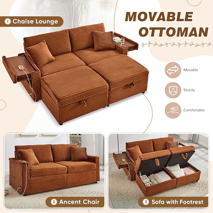Chaise Lounge Chair Indoor 68 W Corduroy Loveseat Sectional Couch with Sorage Ottoman/Wing Table/Charge Ports/Cup Holder Modern Comfy Deep Seat Reading L-Shape Sofa for Living Room Orange