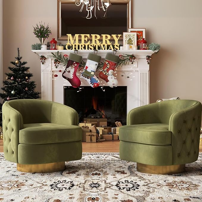 Modern Accent Chair Swivel Barrel Armchair for Living Room Button Tufted Velvet Comfy Chairs Round Upholstered Single Sofa Seating with Gold Base Green
