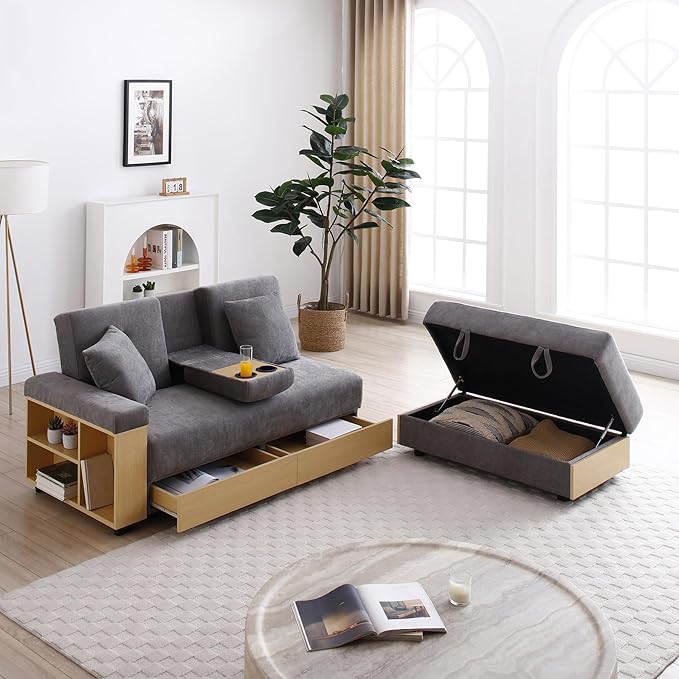 Convertible Sofa Bed 85 Folding Sectional Sleeper Sofa with Storage Ottoman Drawers Built-in Bookshelves and 2 Cup Holders Linen (Gray)
