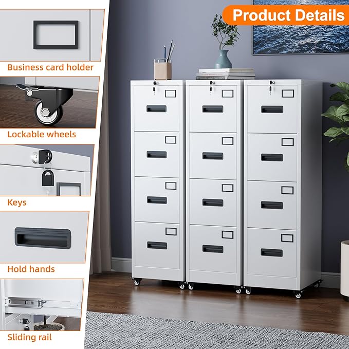 METAN 4 Drawer File Cabinet on Wheels Lockable Metal Filing Cabinet with Handle and Name Card for Office HomeAssembly RequiredWhite