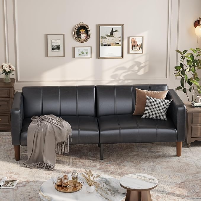 GarveeHome Futon Sofa Bed 75-Inch Modern Faux Leather Convertible Couch Mid-Century Loveseat for Small Space Living Room Bedroom Black