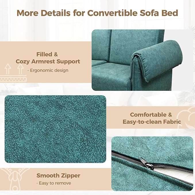 FHFO Convertible Couch Bed Queen 65 Loveset Small Couch for Small Spaces 3 in 1 Pull Out Sofa Bed Convertible Sleeper Sofa Comfy Sofabed for Living Room Bedroom Apartment (Green)