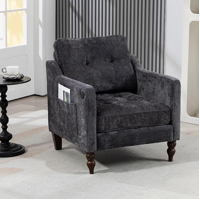 Accent Chair for Living Room Mid-Century Armchairs for Small Spaces Chenille Upholstered Comfy Reading Armchair with Studded for Bedroom (Dark Grey-B)