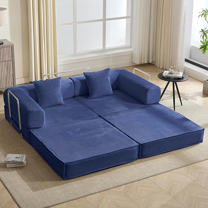 78 Convertible Sleeper Sofa Bed Modular Corduroy Couch with 2 Pillows Compressed Floor Sofa for Living Room Bedroom (Blue)