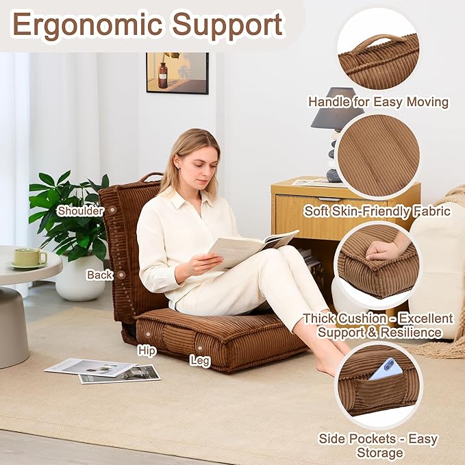 Adjustable Floor Chair with Back Support 6-Position Folding Meditation Chair Floor Sofa Chairs for Adults Comfy Accent Chairs for Reading Gaming Living Room Bedroom Coffee