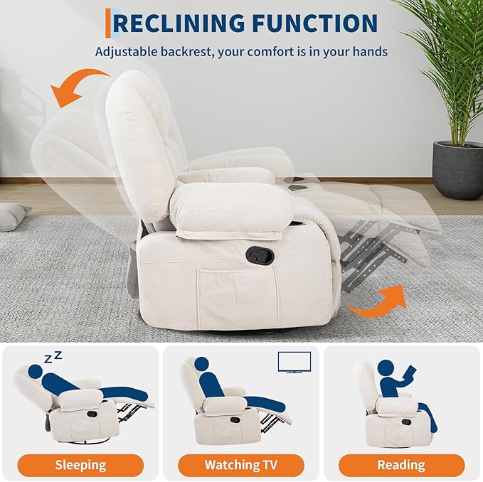 Rocker Recliner Chairs for Adults w/Vibration Massage and Heating360° Swivel Rocker Glider ReclinerExtra Wide Manual Lazy ChairChenille Fabric Sofa Chair for Living RoomBedroomWhite