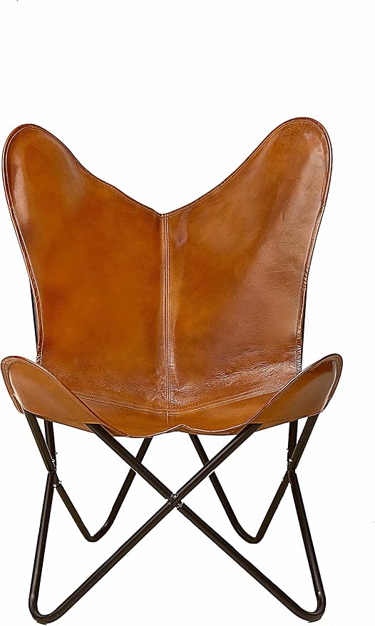 cuero Handmade Living Room Buffalo Leather Chair Home-Decor Butterfly Chair with Folding Iron Frame