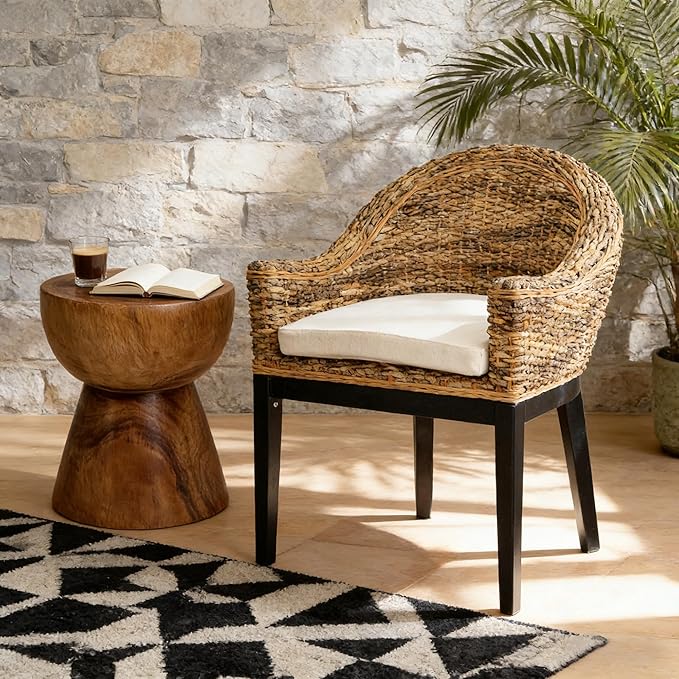 DUHOME Rattan Accent Chair - Modern Armchair with Natural Rattan Armrest Black Solid Wood Legs &amp Inset Beige Cushion Leisure Chair for Balcony Living Room