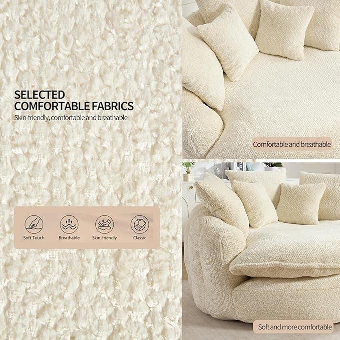 Oversized Fluffy Chenille Lounge Sofa - Extra Deep Seat Cozy Reading Circle Couch for Living Room | Indoor Lounge &amp Oversized Round Accent Design (Beige - with Ottoman)