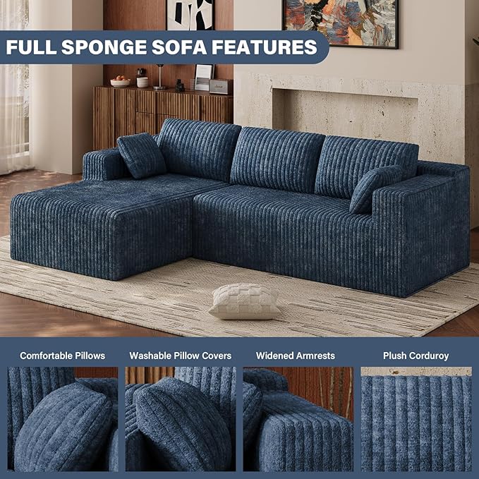 103 Boneless Couches for Living Room Comfy L Shaped Sectional Couches Modern Modular Sofa Cloud Fluffy Corduroy Couch with Deep Seat Left Facing Chaise No Assembly Needed Blue