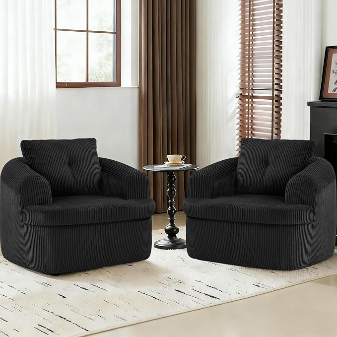 36.6 Swivel Accent Chairs Set of 2 360 Degree Oversized Swivel Barrel Chair for Living Room Modern Corduroy Upholstered Accent Armchair Comfy Boneless Sofa Chair for Bedroom Black