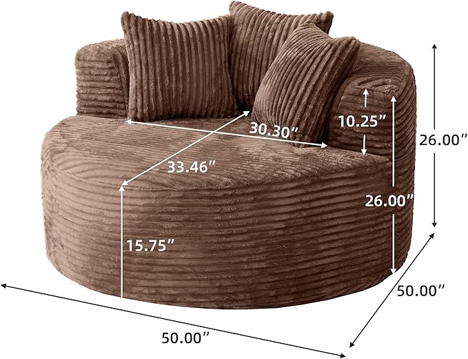 JACH Oversized Sofa Chaise with Three Pillows 50 Corduroy Deep Seat Single Sleeper Sofas Round Upholstered Lazy Floor Sofa for Living Room Apartment Brown