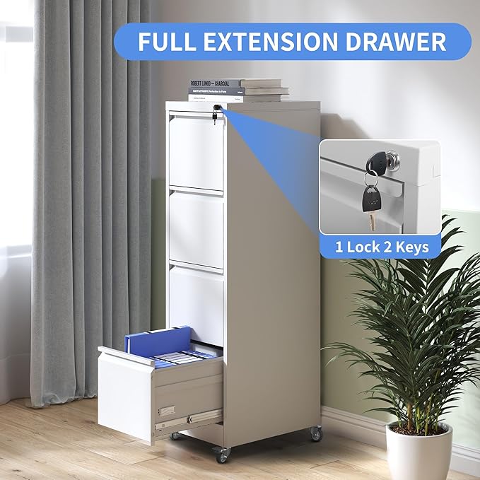 4 Drawer File Cabinet with Wheels Metal Filing Cabinet with Lock and Wheels Rolling Filing Storage Home Office Vertical File Cabinets for Hanging Legal/Letter Size Files Assembly Required White