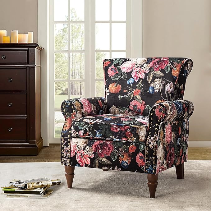 Wingback Accent Chair with Wood Legs Modern Comfy Upholstered Armchair with Removable Cushion and Nailhead Trim Floral Pattern Single Sofa Reading Chair for Living Room Bedroom