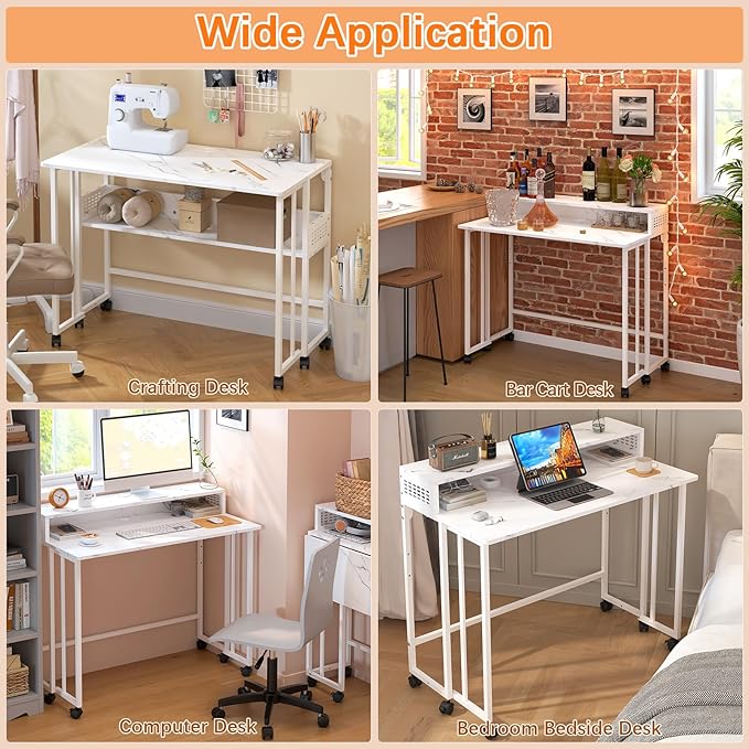Gezen Folding Desk With Storage Shelf Small Rolling With Wheels Mobile Couch Sofa Side Table Bed for Home Office Small Space White Marble 39.4