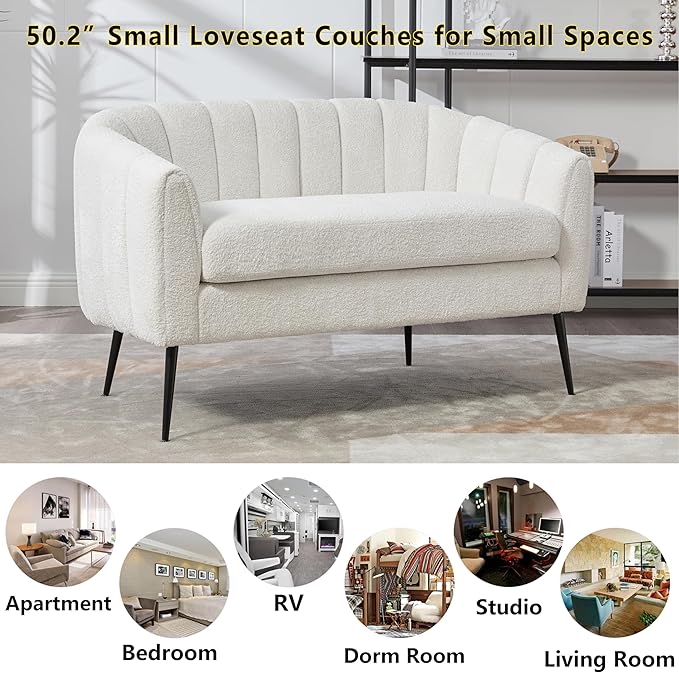 50.2 Small Sofa Couch for Small SpacesModern Chenille Loveseat CouchesOval 2 Seater Sofas with Black Metal Legs for ApartmentDormStudioBedroomRV. (Ivory with Metal Legs 50.2)
