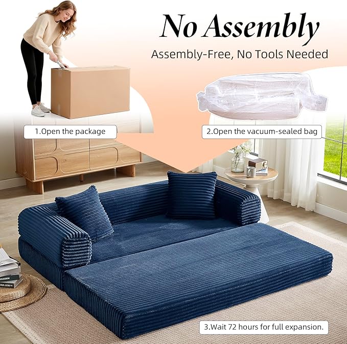 78 Inch Convertible Folding Sleeper Sofa Bed Fold Out Floor Sofa Couch with Fixed-Shape Frame Cloud Corduroy Foldable Mattress Couch for Living Room Bedroom (Blue)