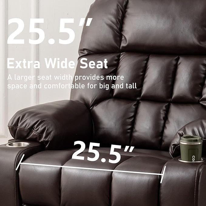 Oversized Power Recliner Chair for Big and Tall 400 LBS 25.5 Extra Wide Electric Lift Chair with Heat and Massage Dual Motor 180° Lay Flat Recliner Living Room Sofa PU Leather Big Recliner