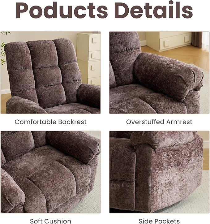 Oversized Swivel Rocker Recliner with Massage and Heat Overstuffed Rocking Chair with High Back Manual Rocker Recliner for Adults &amp Big Man Comfy Soft Recliner Chair Coffee Chenille