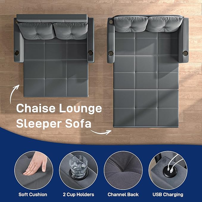 3 in 1 Sofa Bed 56 Inch Velvet Pull Out Couch Convertible Sleeper Sofa with Cup Holders USB Loveseat Sofa Couches for Living Room Small Space Deep Grey