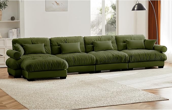 KEIKI 166 L-Shaped Oversized Velvet Modular Sectional Sofa with 1 Ottoman High-Density Foam Cushions and Bolstered Armrests Upholstered 4-Seater Cloud Couch with 6 Pillow for Living Room Green