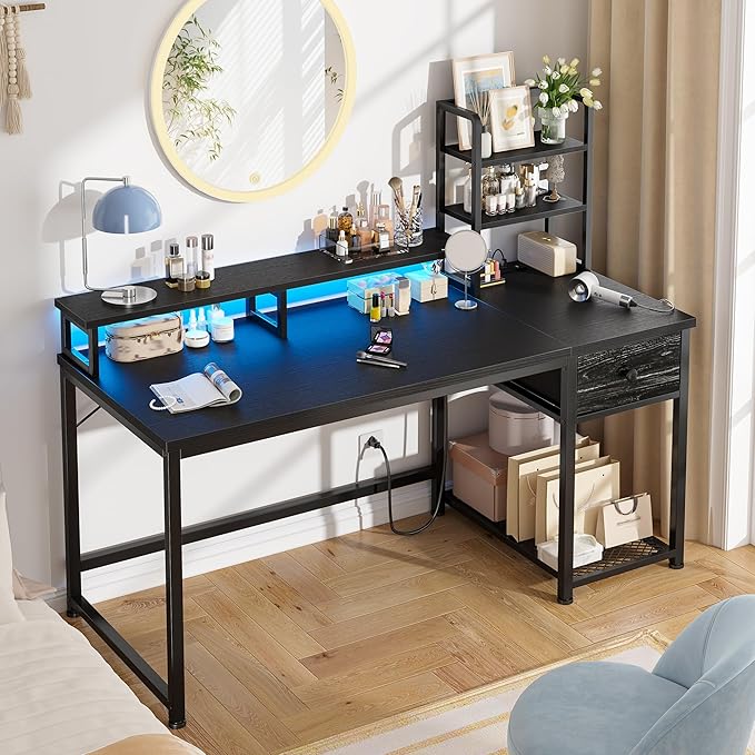 44 Inch Gaming Desk with Hutch and DrawersReversible Computer Desk with Monitor ShelfHome Office Desks with USB Power Outlets and StoragePc Small Gaming Desk for Office with LED LightsBlack