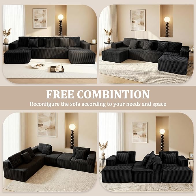 130 Modular Boneless Couch Convertible Sleeper Sofa Corduroy Sectional Sofa for Living Room Modern Cloud Couch with Deep Seat Chaise Comfy Oversize 4-6 Seat No Assembly (Black)