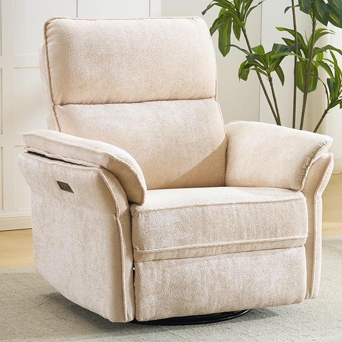 Oversized Power Recliner Chair Swivel Glider with Massage and Heat Rocker Nursery Recliner for Adults with Adjustable Headrest 26 Extra Wide Nursery Chair with Overstuffed ArmrestBeige