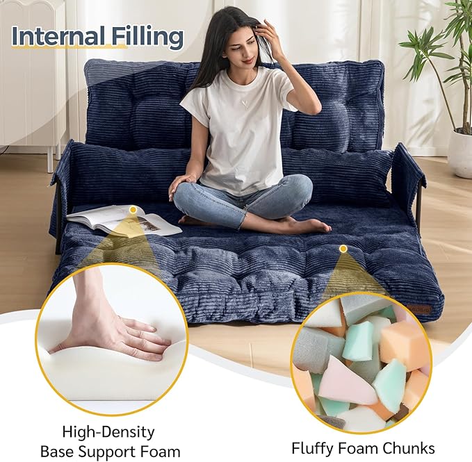 MAXYOYO Adjustable Floor Sofa Couch with 2 Pillows Multi-Functional Bean Bag Bed 5-Position Foldable Lazy Sofa Sleeper Bed with Armrest Versatile Floor Seating for Reading Navy Double