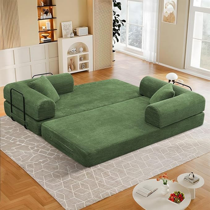 78 Convertible Sleeper Sofa Bed with Cylindrical Pillow Corduroy Folding Mattress Couch with Fixed Frame Floor Sofa Lounge Couch for Living Room Bedroom Apartment Army Green