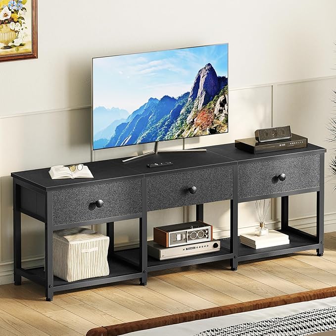 TV Stand with 3 Fabric Drawers for up to 50 Inch TV 47.2 Industrial Media Console Entertainment Center with Shelves for Living Room Bedroom Home Office Black DS12BB