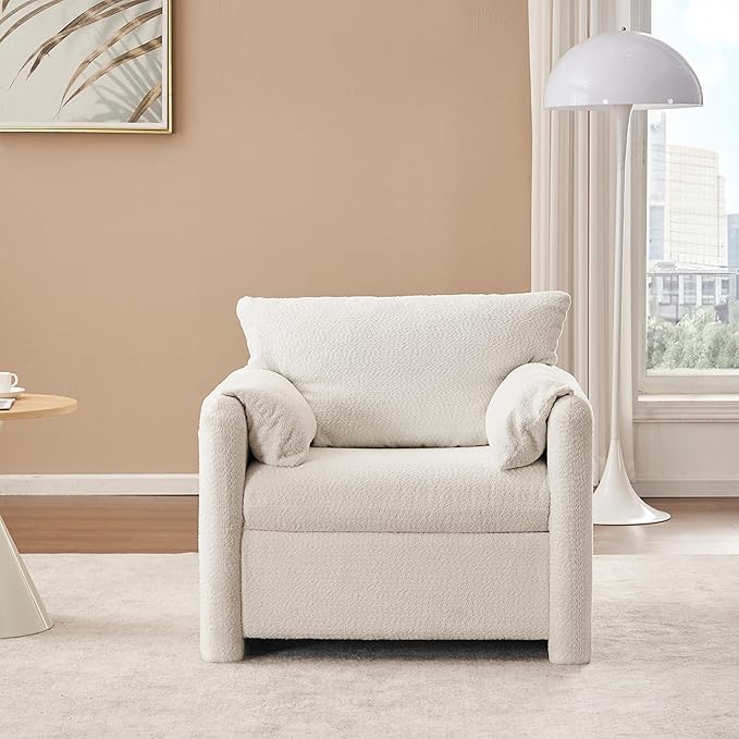 Chenille Oversized Armchair 34.8 Accent Chairs with Resilience Cushion Upholstered Reading Lounge Chair Comfy Single Sofa Chair for Living Room (White-with no Swivel)