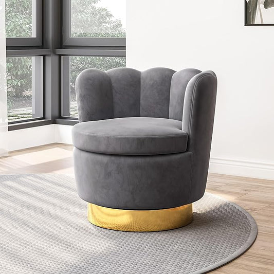 BELLEZE Swivel Accent Chair Velvet Modern Round Petal Swivel Barrel Chair 360° Upholstery Swivel Sofa Armchair Comfy Swivel Accent Chair for Living Room Bedroom - Lotus (Dark Grey)