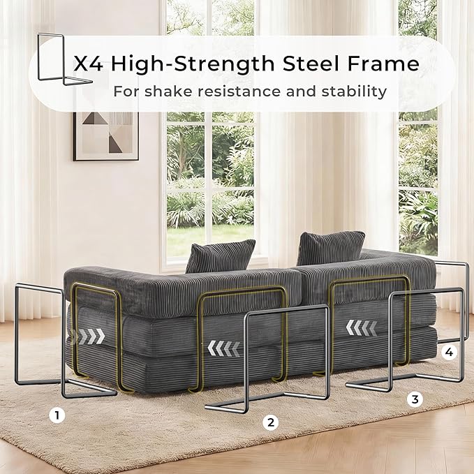 WELAX 77 Convertible Sleeper Sofa Bed Boneless Cloud Queen Futon Couches with 2 Pillows &amp Removable Armrests Corduroy Folding Floor Couch No Assembly for Bedroom Living Room Grey
