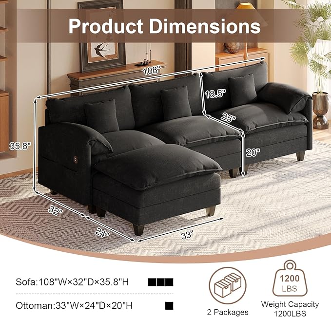 108“ Modular Sectional Sofa with Movable Ottoman Plush Double-Layer Cushion Cloud Couch with USB Charging Ports &amp Side Storage Pockets Chenille L Shaped Modern Sofa Couches for Living Room Blac