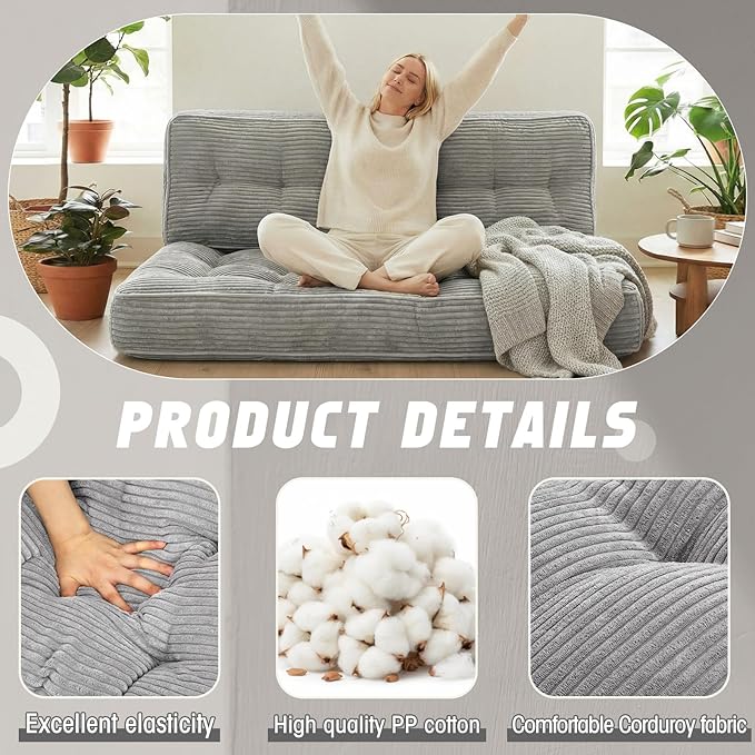 63 Inch Folding Bench Cushion 4 Inch Thick 2-in-1 Convertible Long Floor Lounger Boneless Cushions Couch Mattress Upholstered for Yoga Reading Sleeping Meditation Living Room(Light Grey)