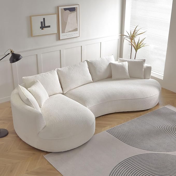 124.8 Beige Bonded Cloud Curved Sofa Living Room Modern Upholstery Boucle Comfy Cream White Modular Sectional Sofa with Pillows (Beige-Left Chaise Lounge 124.8 W x 63.9 D x 28.1 H)
