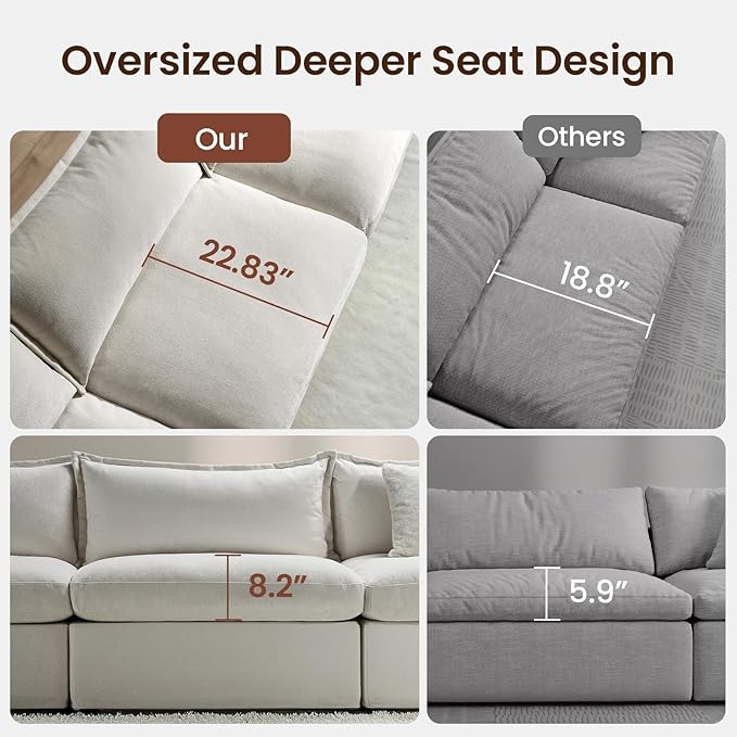 118.5 U Shaped Down Filled Couch Chenille Modular Sectional Sofa with 2 Storage Ottoman 3 Seater Sectional Couch with Deep Seat Mordern Sectional Couches for Living Room Beige