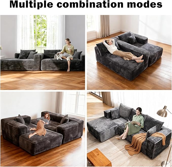 106-Inch Cloud Sectional Couch Couches for Living Room Corduroy Couch Highly Elastic Memory Foam Suitable for Living Room/Apartment/Bedroom (Gray to The Left)