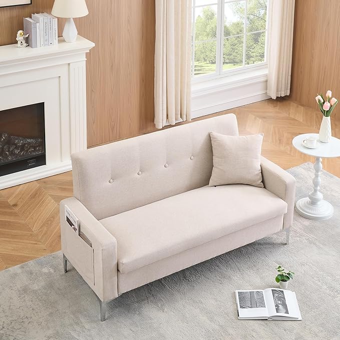 57 Beige Suede Couch Mini Comfy Sofa with Spring Cushions Loveseat Storage Sofa for Bedroom Small Couch for Small Spaces Modern Living Room 2 Seater Sofas with Pillow Seat (Beige)