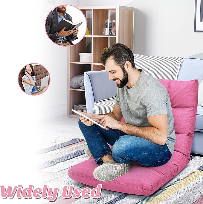 Giantex Adjustable Floor Gaming Sofa Chair 14-Position Cushioned Folding Lazy Recliner High Resilience Sponge Breathable Cotton &amp Linen Fabric Sleeper Bed Couch Recliner with Removable Cover (Pin