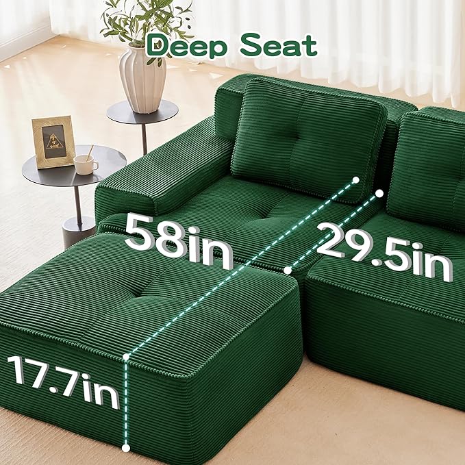 153 U Shaped Modular Boneless Sofa Couch for Living Room Green Sectional Large Sofa with Corduroy Fabric 4-Seater Tufted Couch with Deep Seat and Movable OttomanNo Assembly